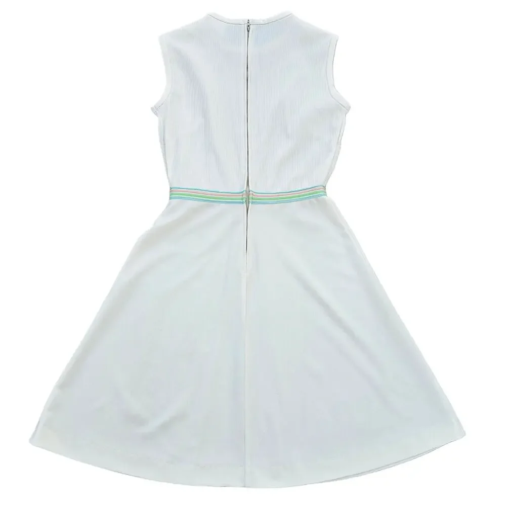 VTG Fit Flare Dress Off White Double Knit Sleeveless Pastel Stripe Vintage 70s - Picture 7 of 8